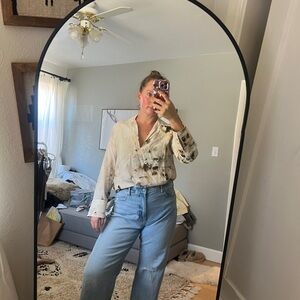 Zara Cream and Black Tie Dye Collared Blouse